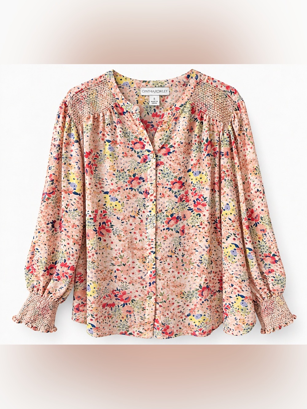 Cynthia Rowley Peach Floral Button-Front Blouse with Pink, Yellow & Blue Accents